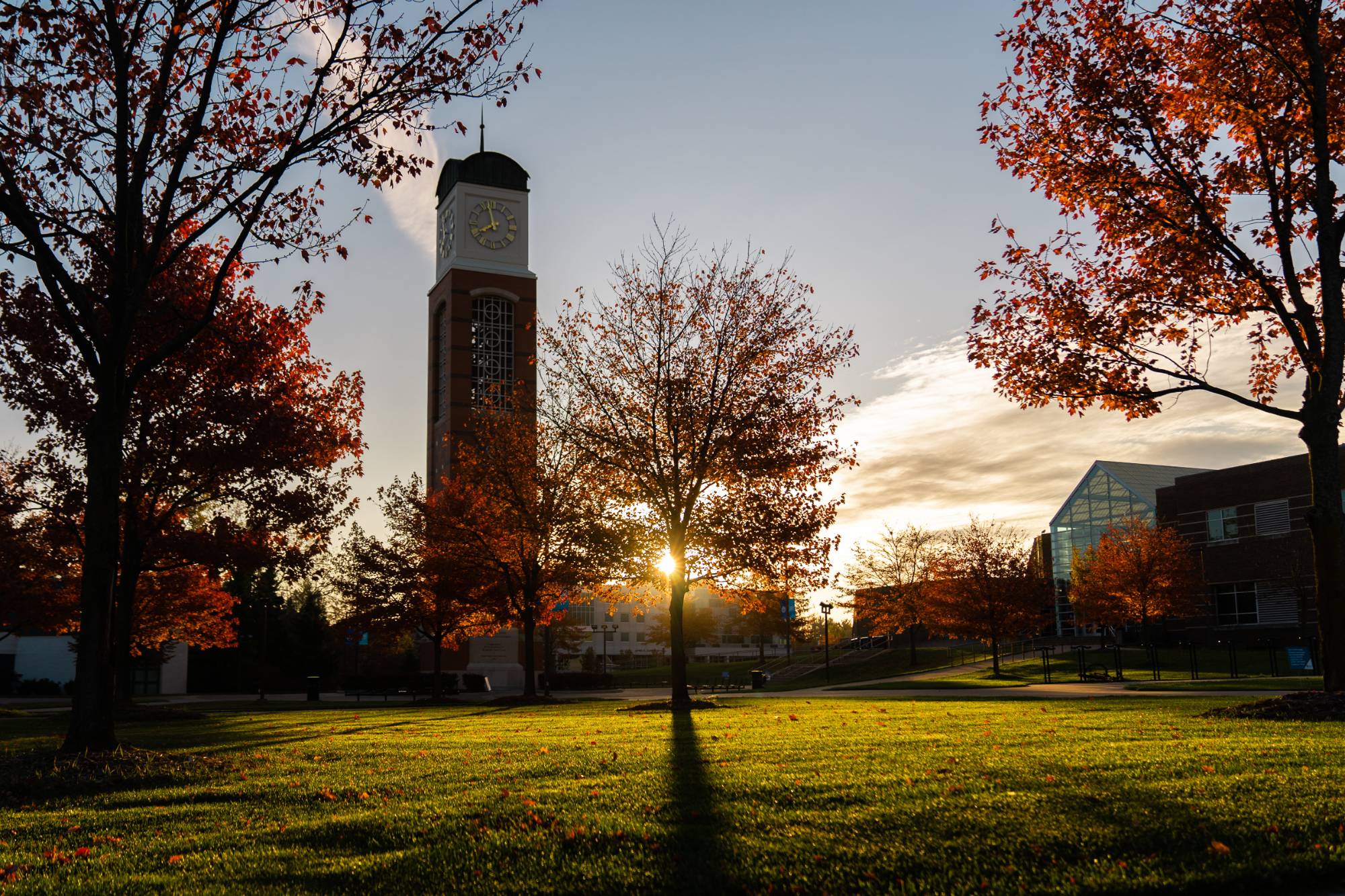 Image of the Clocktower on the Allendale Campus at Sunset